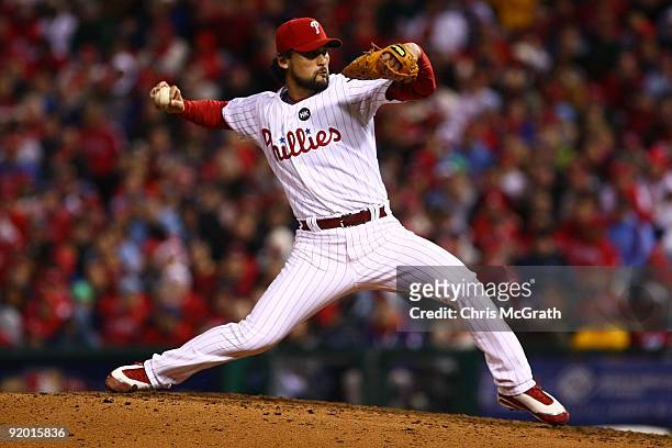 Chan Ho Park of the Philadelphia Phillies throws a pitch against the Los Angeles Dodgers in Game Four of the NLCS during the 2009 MLB Playoffs at...