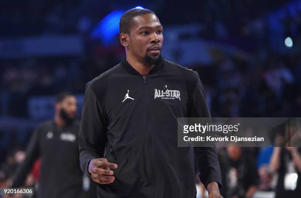 Kevin Durant of Team LeBron warms up prior to the NBA All-Star Game 2018 at Staples Center on February 18, 2018 in Los Angeles, California.