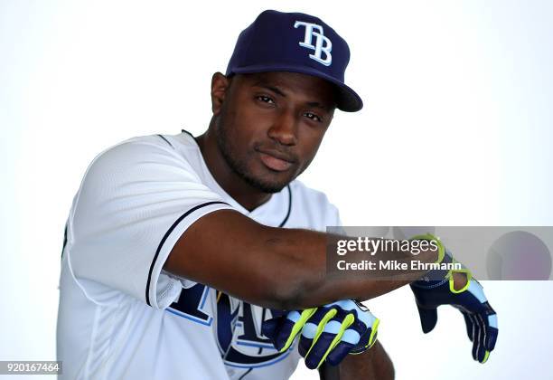 Adeiny Hechavarria of the Tampa Bay Rays sits for a portrait during photo day at Charlotte Sports Park on February 18, 2018 in Port Charlotte,...