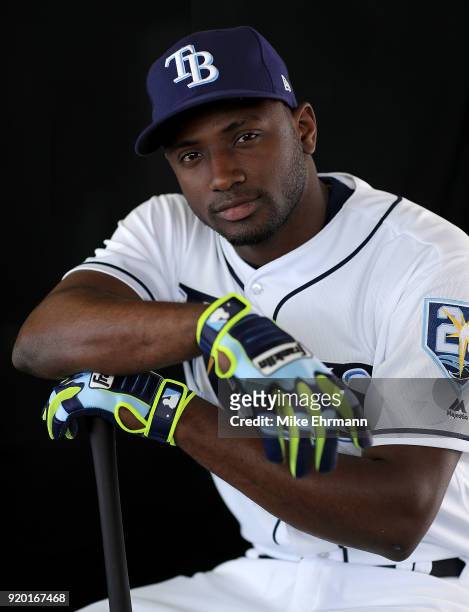Adeiny Hechavarria of the Tampa Bay Rays sits for a portrait during photo day at Charlotte Sports Park on February 18, 2018 in Port Charlotte,...