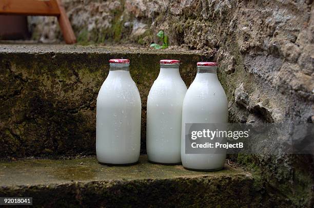 morning milk bottles on door step - milk bottles stock pictures, royalty-free photos & images