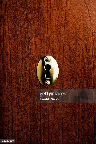 a metallic keyhole on a wooden door - key hole stock pictures, royalty-free photos & images
