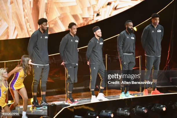 Joel Embiid, DeMar Derozan, Stephen Curry, James Harden and Giannis Antetokounmpo attend the NBA All-Star Game 2018 at Staples Center on February 18,...