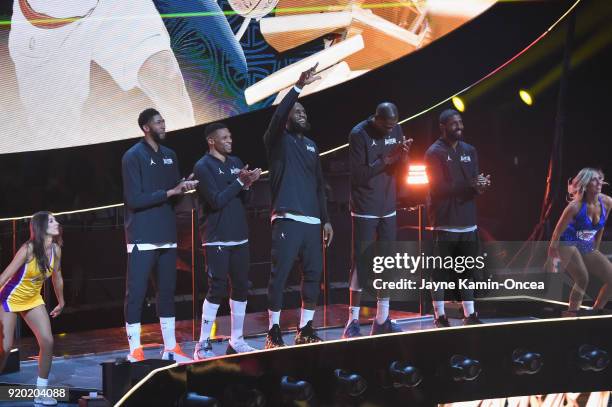 Anthony Davis, Russell Westbrook, LeBron James, Kevin Durant and Kyrie Irving of Team LeBron onstage during the NBA All-Star Game 2018 at Staples...