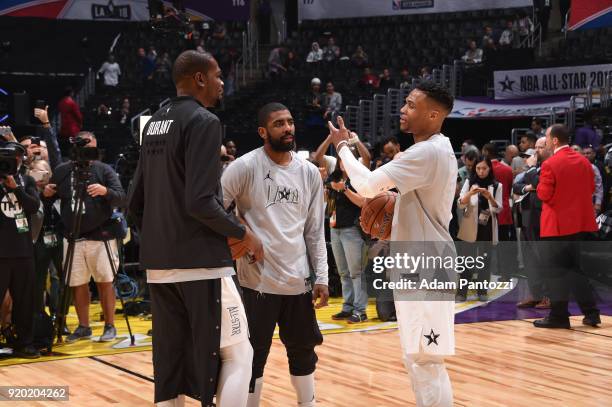 Kevin Durant, Kyrie Irving and Russell Westbrook of Team LeBron before the game against Team Stephen during the NBA All-Star Game as a part of 2018...