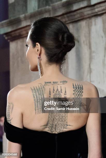 Angelina Jolie, tattoo detail, attends the EE British Academy Film Awards held at Royal Albert Hall on February 18, 2018 in London, England.