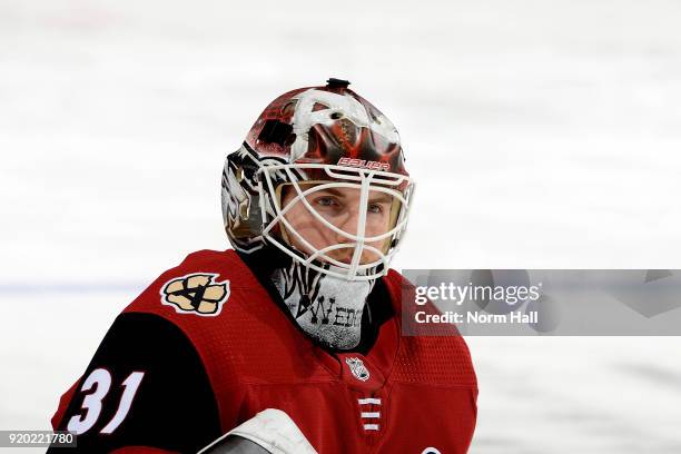 Scott Wedgewood of the Arizona Coyotes prepares for a game against the Montreal Canadiens at Gila River Arena on February 15, 2018 in Glendale,...
