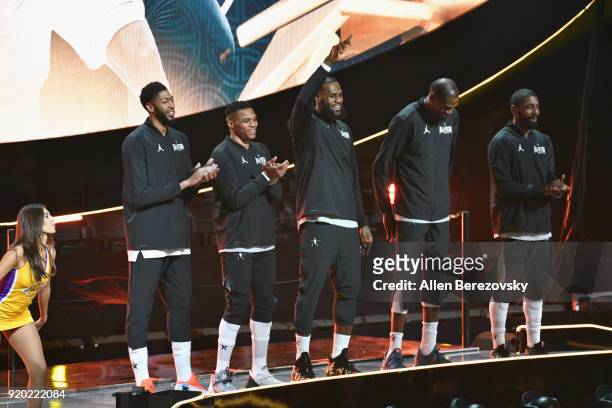 Anthony Davis, Russell Westbrook, LeBron James, Kevin Durant and Kyrie Irving of Team LeBron attend the NBA All-Star Game 2018 at Staples Center on...