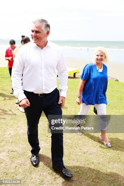 National Party MP Mark Mitchell leaves a press conference with his wife Peggy Bourne-Mitchell on February 19, 2018 in Auckland, New Zealand. A number...