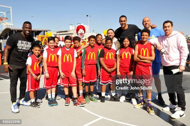 Dribble 2 Much, Ronald McDonald, Ryan Hollins, Tracy Murray, and Adam Lefkoe attend McDonald's at Bleacher Report All-Star Experience on February 18,...