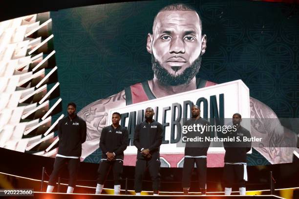 Team LeBron Starters are introduced before the NBA All-Star Game as a part of 2018 NBA All-Star Weekend at STAPLES Center on February 18, 2018 in Los...