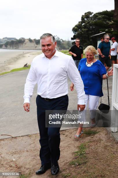 National Party MP Mark Mitchell arrives at a press conference with his wife Peggy Bourne-Mitchell on February 19, 2018 in Auckland, New Zealand. A...
