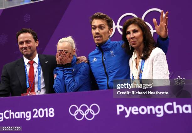 Penny Coomes and Nicholas Buckland of Great Britain react after competing during the Figure Skating Ice Dance Short Dance on day 10 of the...