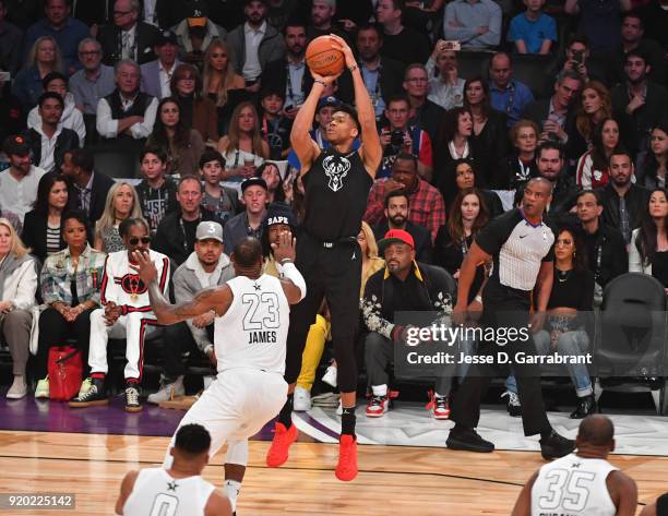 Giannis Antetokounmpo of Team Curry shoots the ball against Team LeBron during the NBA All-Star Game as a part of 2018 NBA All-Star Weekend at...