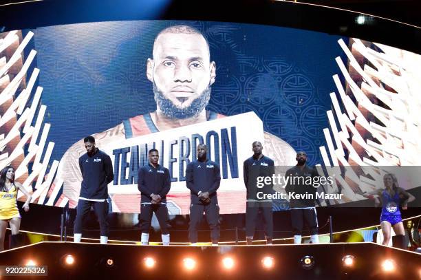 Anthony Davis, Russell Westbrook, LeBron James, Kevin Durant and Kyrie Irving of Team LeBron lineup at the 67th NBA All-Star Game: Team LeBron Vs....