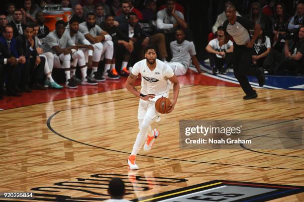 Anthony Davis of team LeBron looks to pass the ball during the NBA All-Star Game as a part of 2018 NBA All-Star Weekend at STAPLES Center on February...