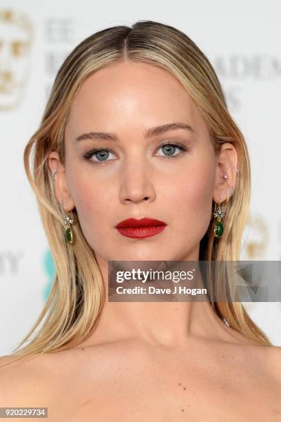 Jennifer Lawrence poses in the press room during the EE British Academy Film Awards held at Royal Albert Hall on February 18, 2018 in London, England.