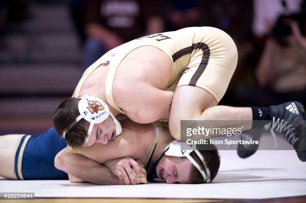 Lehigh's Jordan Kutler keeps Pitt's Austin Bell down in the 174lb bout during the match between the University of Pittsburgh Panthers and Lehigh...