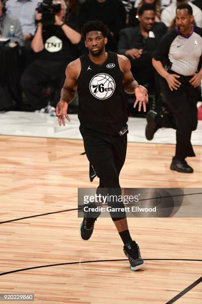 Joel Embiid of Team Stephen celebrates against Team LeBron during the NBA All-Star Game as a part of 2018 NBA All-Star Weekend at STAPLES Center on...