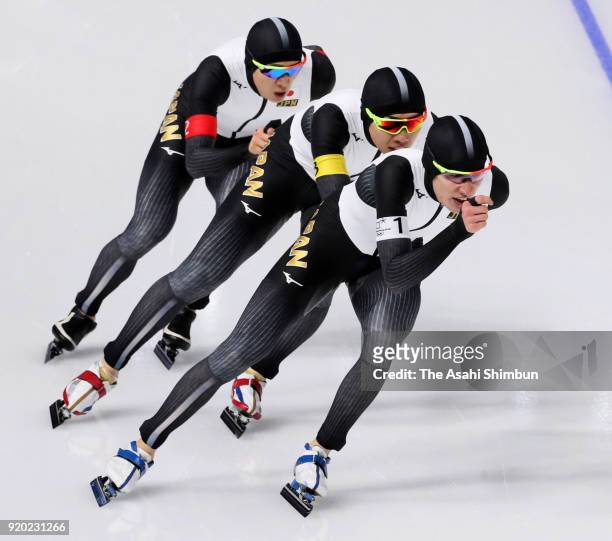 Shota Nakamura, Seitaro Ichinohe and Shane Williamson of Japan react after competing the Speed Skating Men's Team Pursuit quarter final on day nine...