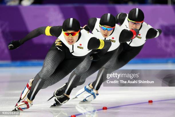 Seitaro Ichinohe, Shota Nakamura and Shane Williamson of Japan compete in the Speed Skating Men's Team Pursuit quarter final on day nine of the...