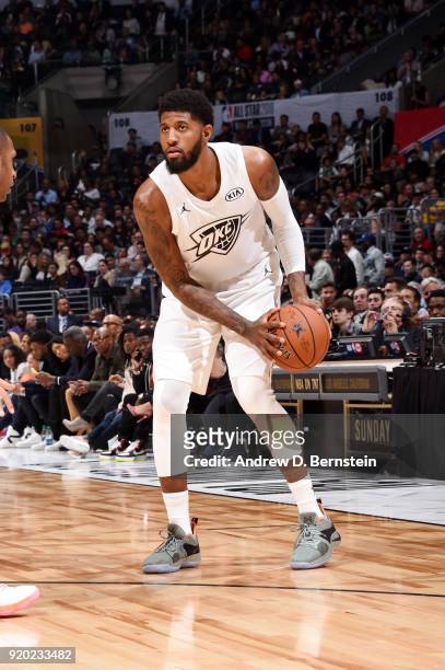 Paul George Of Team LeBron handles the ball during the NBA All-Star Game as a part of 2018 NBA All-Star Weekend at STAPLES Center on February 18,...