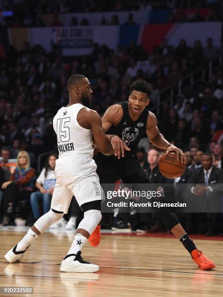 Giannis Antetokounmpo of Team Stephen drives on Kemba Walker of Team LeBron during the NBA All-Star Game 2018 at Staples Center on February 18, 2018...