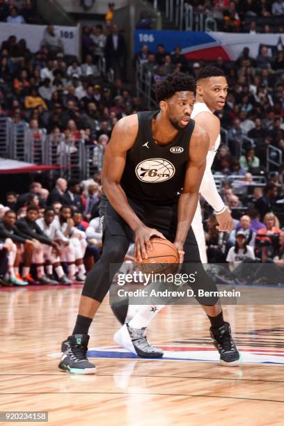 Joel Embiid Of Team Stephen handles the ball during the NBA All-Star Game as a part of 2018 NBA All-Star Weekend at STAPLES Center on February 18,...