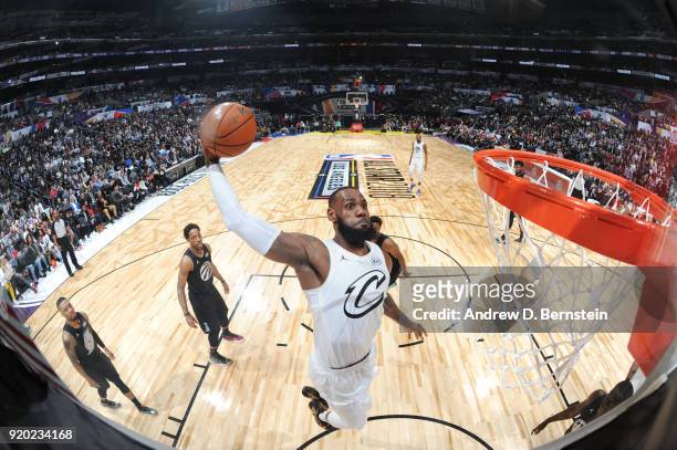 LeBron James Of Team LeBron dunks the ball during the NBA All-Star Game as a part of 2018 NBA All-Star Weekend at STAPLES Center on February 18, 2018...