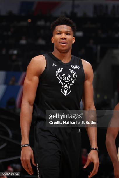 Giannis Antetokounmpo of Team Stephen looks on during the game against Team LeBron during the NBA All-Star Game as a part of 2018 NBA All-Star...