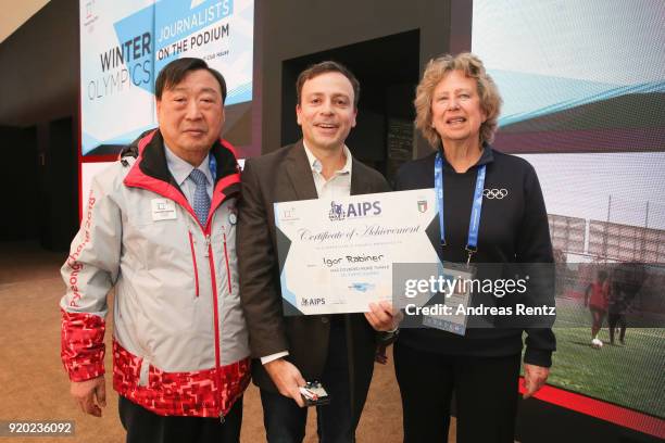 Princess Nora of Liechtenstein poses with AIPS members during the AIPS Sports Media Award at Casa Italia on day ten of the PyeongChang 2018 Winter...