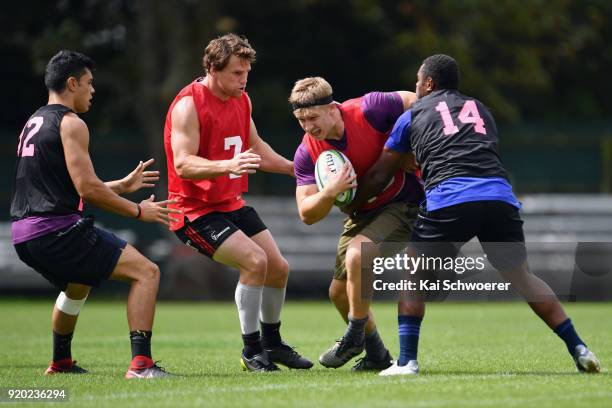 Jack Goodhue charges forward during a Crusaders Super Rugby training session at Rugby Park on February 19, 2018 in Christchurch, New Zealand.