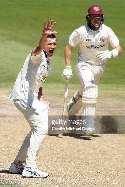 Marnus Labuschagne of Quennsland survives an appeal from Chris Tremain of Victoria during day four of the Sheffield Shield match between Victoria and...