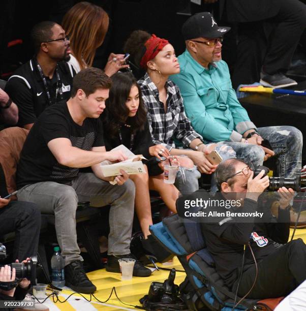 Adam DeVine, Chloe Bridges and Andra Day attend the NBA All-Star Game 2018 at Staples Center on February 18, 2018 in Los Angeles, California.