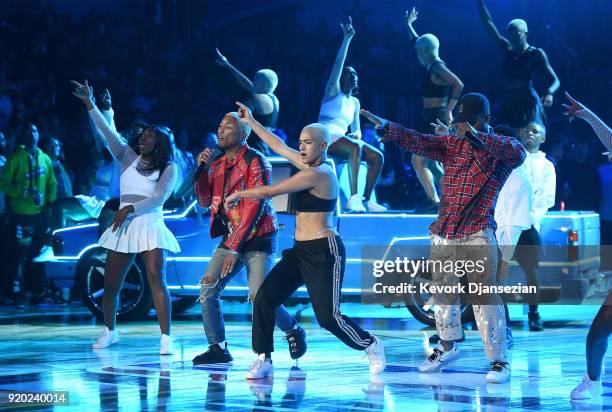 Pharrell Williams and N.E.R.D. Performs during the NBA All-Star Game 2018 at Staples Center on February 18, 2018 in Los Angeles, California.