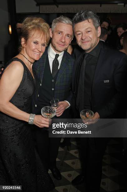 Lorraine Ashbourne, Martin Freeman and Andy Serkis attend the Grey Goose 2018 BAFTA Awards after party on February 18, 2018 in London, England.