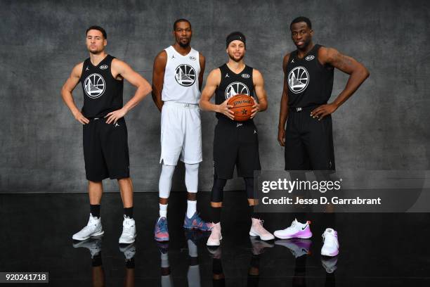 Klay Thompson, Stephen Curry, Kevin Durant, Stephen Curry and Draymond Green of the Golden State Warriors pose for a portrait during the NBA All-Star...