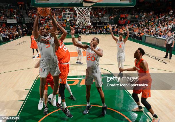 Miami guard Anthony Lawrence II rebounds during a college basketball game between the Syracuse University Orange and the University of Miami...