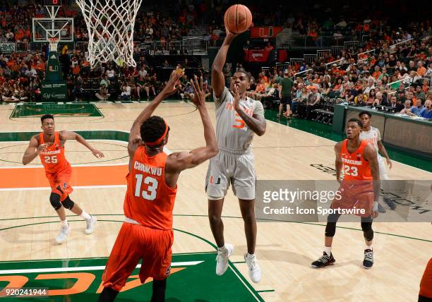 Miami guard Anthony Lawrence II shoots during a college basketball game between the Syracuse University Orange and the University of Miami Hurricanes...