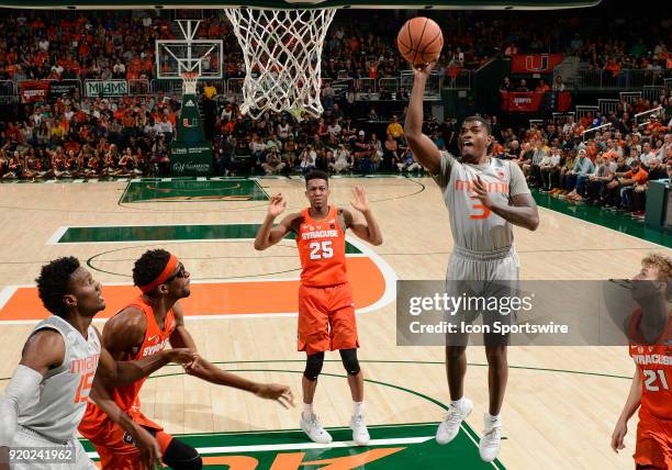 Miami guard Anthony Lawrence II shoots during a college basketball game between the Syracuse University Orange and the University of Miami Hurricanes...