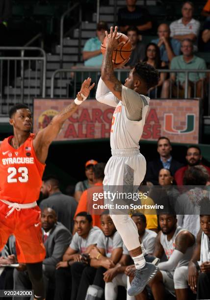 Miami guard Chris Lykes shoots during a college basketball game between the Syracuse University Orange and the University of Miami Hurricanes on...