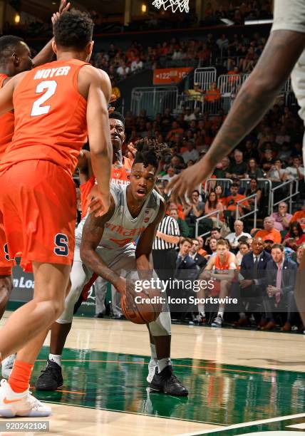 Miami guard Lonnie Walker IV plays during a college basketball game between the Syracuse University Orange and the University of Miami Hurricanes on...