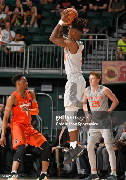 Miami guard Lonnie Walker IV shoots during a college basketball game between the Syracuse University Orange and the University of Miami Hurricanes on...