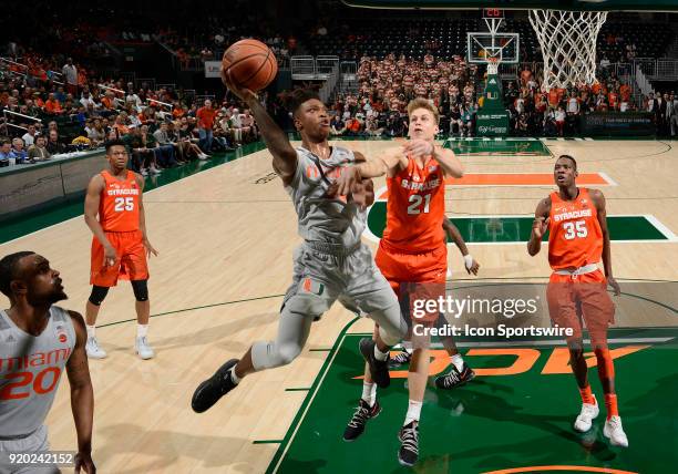 Miami guard Lonnie Walker IV shoots during a college basketball game between the Syracuse University Orange and the University of Miami Hurricanes on...