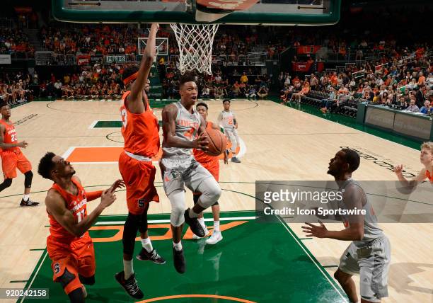 Miami guard Lonnie Walker IV shoots during a college basketball game between the Syracuse University Orange and the University of Miami Hurricanes on...
