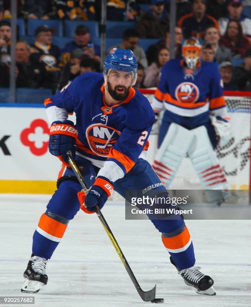 Nick Leddy of the New York Islanders skates during an NHL game against the Buffalo Sabres on February 8, 2018 at KeyBank Center in Buffalo, New York.