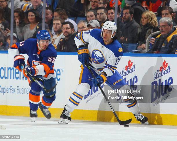 Jordan Nolan of the Buffalo Sabres skates during an NHL game against Casey Cizikas of the New York Islanders on February 8, 2018 at KeyBank Center in...