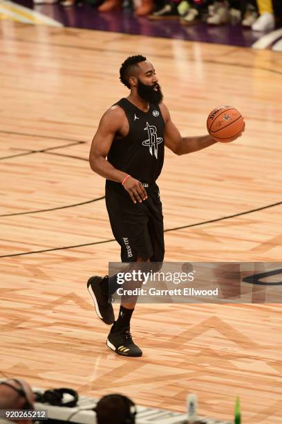 James Harden of Team Stephen handles the ball against Team LeBron during the NBA All-Star Game as a part of 2018 NBA All-Star Weekend at STAPLES...