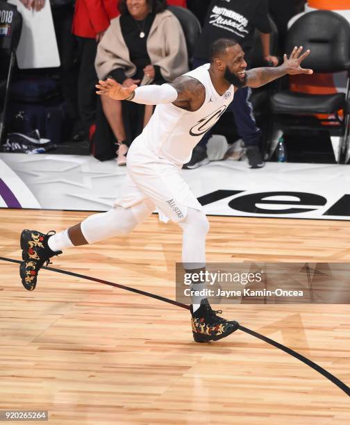 LeBron James of Team LeBron celebrates during the NBA All-Star Game 2018 at Staples Center on February 18, 2018 in Los Angeles, California.