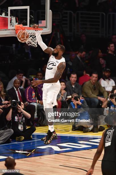 LeBron James of Team LeBron dunks the ball against Team Stephen during the NBA All-Star Game as a part of 2018 NBA All-Star Weekend at STAPLES Center...